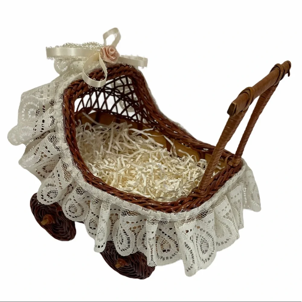 Vintage Basket Handcrafted Baby Carriage Ivory Lace Ribbon Rose Wicker Basket